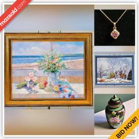 MaxSold Auction: This online auction features costume jewelry, Christmas jewelry, cloisonne vases, art books, oil on board paintings by Judy Brill, Mantovani, Giovanni and more, sterling silver jewelry, handpainted trinket box, religious jewelry, pearls and much more!