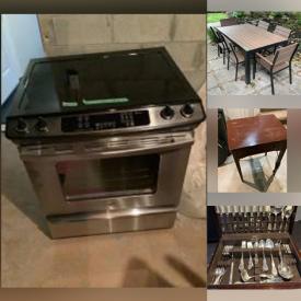 MaxSold Auction: This online auction features furniture such as a solid wood table, chairs, metal shelf, work table, Gluckstein Home bistro table, patio table and chairs, outdoor coffee table and more, pots and accessories, outdoor umbrella, Paderno pots, toolboxes, storage boxes, small kitchen appliances, home decor, fabrics, hanging lamps, laser level, Whirlpool glass top stove, TV mount, Moffat chest freezer, art and much more