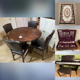 MaxSold Auction: This online auction features silver plate, Kachina dolls, furniture such as folding chairs, hide a bed sofa, office chairs, desks, sectional couch, and Thomasville dresser, Kenmore freezer, lamps, costume jewelry, board games, framed artwork, CDs, briefcases, Synsonics drums, Yamaha digital piano, acoustic guitar, banjo, dishware, glassware, books, holiday decor, men and women’s clothing, office supplies, exercise equipment, Sony receiver, JVC turntable, DVDs, small kitchen appliances, children’s toys and much more!