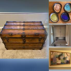 MaxSold Auction: This online auction features Antique Wooden Trunk, Tiled Outdoor Table, Metal Full-sized Bed Frame, Area Rug, Costume Jewelry, Cat Supplies, Art Supplies, Wall Art, Antique Lamp, Couches and much more!