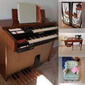 MaxSold Auction: This online auction features an armchair, mirror, sewing station, organ c, candle holder, plates and bowls, couch, clock and toys, hall bench, bookcase, dresser, chest, swag lamp, vanity and seat, dresser with mirror and much more!