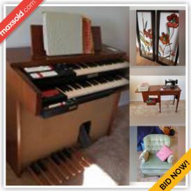 MaxSold Auction: This online auction features an armchair, mirror, sewing station, organ c, candle holder, plates and bowls, couch, clock and toys, hall bench, bookcase, dresser, chest, swag lamp, vanity and seat, dresser with mirror and much more!