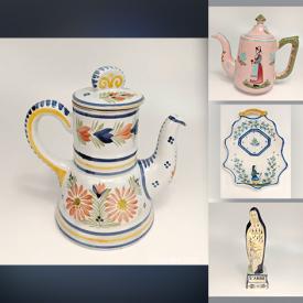 MaxSold Auction: This online auction features HenRiot Quimper Pottery includes pitchers, jugs, teapot, sugar bowls, croissant plate, creamer, dinner plates, teacups, biscuit tins, and Grande Maison Quimper Porringer Bowl, Saint Anne music box, covered dish, pie plates, coffee set, salt cellars, and Unmarked Faience Plate, Faïencerie d'Art Breton Quimper Pottery Mugs and much more!