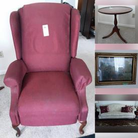 MaxSold Auction: This online auction features furniture such as a wooden cabinet, dresser, shelving units, end tables, upholstered chairs, bedframe and more, picture frames, Christmas decor, lamps, porcelain figures, small kitchen appliances, plants, mobility aids, clothing and shoes, office supplies, sewing notions, curtains and much more!