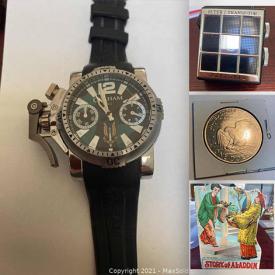 MaxSold Auction: This online auction features watches, antique postcards, antique books, antique advertising, crystal ware, collectible coins, antique memorabilia, glassware, vintage jewelry, signed wall art, Fire King and much more!