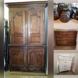 MaxSold Auction: This online auction features household items: bed frame, table, rug, desk, rattan chair, vintage dresser, sofa, night stand and much more.