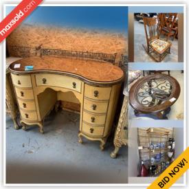 MaxSold Auction: This online auction features furniture such as a curved vanity, nightstands, tables, sofa, cabinet, pub table set, baker's rack and more, plant stand, baskets, vases, pitchers and other decor, Royal Ironstone china, lamps, glassware, panels, books, Progetto by Walter Valentini and other wall art, Noritake Countess china, Tony Little Gazelle elliptical trainer, metal fire pit and much more!