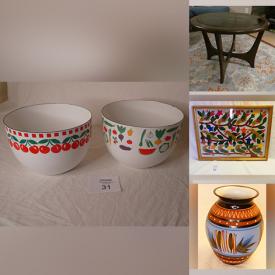 MaxSold Auction: This online auction features an MCM table, pottery and blown glass pieces, lithographs, Christmas ornaments, wall art, collectible bears, vintage Arabia enamel mixing bowls, jewelry, vintage owl collection, handpainted decor, wood carvings, kitchenware and much more!