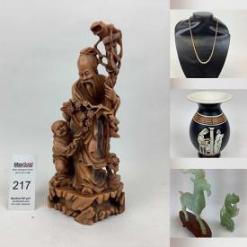 MaxSold Auction: This online auction features porcelain figurines, royal crown item, teacups, china plates, jade figurine, art glass, etch clock, assorted decors, oriental carvings, brass decors, vase, household electronics, printers, table lamp, chairs, tables, bed sheet, gold jewelry and much more!