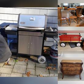 MaxSold Auction: This online auction features furniture such as a chest of drawers, nightstand, queen bed frame, sofa, tables, ornate wood hutch, Poker table topper and more, luggage, Menorah, sports items, Radio Flyer wagon, kitchenware, small kitchen appliances, prints, luggage, antique lamp, yard tools, Weber grill and much more!