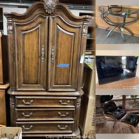 MaxSold Auction: This online auction features household items: Coat Rack, Mid-century two-door cabinet, footstool, hall tree, love seat, faux leather recliner and much more.