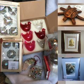 MaxSold Auction: This online auction features Cloisonne Vases, Musical Snow Globe, Indigenous Artwork, Pewter Ornaments, Costume Jewelry, Vintage Christmas Ornaments, Yarn, Vintage Comics, Marble Animals, Moorecroft, Art Glass, Puzzles, Hand Carved Flute, Craft Stamps, Novelty Watches, Garden Art, Brass Bell and much more!