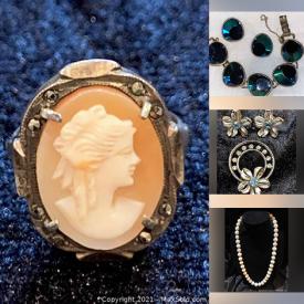 MaxSold Auction: This online auction features jewelry such as pearl necklaces, earrings, brooches, statement necklaces, Avon pins, Weiss earrings, Coro pin, cuff bracelets, stone earrings, Sarah Coventry set, MCM bracelet, cameo ring and much more!
