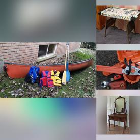 MaxSold Auction: This online auction features a canoe, paddles, patio furniture, DVDs, VHS, cabinets, audiovisual equipment, wall decor, hockey cards, dining room set, small appliances, dishware, baking tables, Battery Jump Starter Compressor, Gary Fisher Bike, tools, camping equipment, records, comics, Kenmore Portable dehumidifier, toys, tables, chairs and much more!