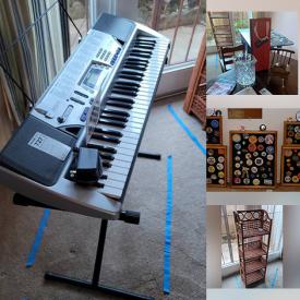 MaxSold Auction: This online auction features musical equipment such as Casio keyboard, furniture such as shelving, occasional tables, and sewing table, silverplate such as ladle, tray, serving ware, and bowl, sterling silver such as vase and candleholders, crystal such as ice pail, collectibles such as pins and Chevron model cars and much more!