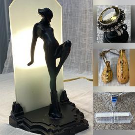 MaxSold Auction: This online auction features jewelry such as jade rings, quartz pendants, buffalo nickel money clip, and hematite rings, sterling silver such as rings, earrings, and cross, gold plate such as pendant, décor such as art deco statue lamp and animal figurines, raw stone such as quartz, pyrite, amethyst, thunder eggs, and quartz crystal formations, fossils such as squid and ammonites, power tools such as Homelite trimmer and Homelite blower, and much, much more!