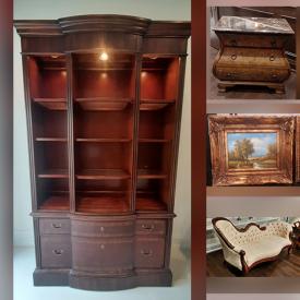 MaxSold Auction: This online auction features Wine Cabinet, Wood Carved Loveseat, Bombe Chests, Victorian Style Settees, Demilune Accent Tables, Table Lamps, Gold Framed Painting, Chad Barrett Art In Motion Prints, Porcelain Figurines and much more!