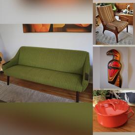 MaxSold Auction: This online auction features furniture such as chartreuse MCM sofa and chair, MCM teak coffee table, MCM tulip chair, and more, MCM decor, accessories, vintage Mercury glass Christmas ornaments, vintage Inuit soapstone, decor, midcentury teapot and canister set, Helen Chirivas collage painting, Indigenous decor, lamps, ceramic vessels and much more!