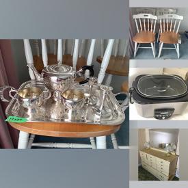 MaxSold Auction: This online auction features Silver Plate, Chairs, Glassware, Stainless Steel Cookware, Barrel Chairs, Coffee Percolators, Cups And Glasses, Baking Accessories, Unmarked Nippon, Diver plate, Cranberry Glass, Dining Table, Mirrors And Shelf, Dresser and much more!