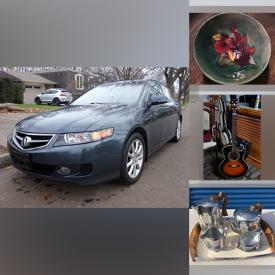MaxSold Auction: This online auction features Acura TSX, Jean Viens Original Oil, Costume Jewelry, Vintage Picquot Ware, Dressing Screen, Outerwear, Collector Spoons, Indigenous Sculpture, Studio Pottery, Beer Steins, Acoustic Guitars, Power Tools, Moorcroft and much more.
