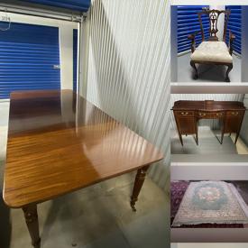 MaxSold Auction: This online auction features fine mahogany dining room furniture, Canadiana pine furniture, an Indian rug, and a fire screen.