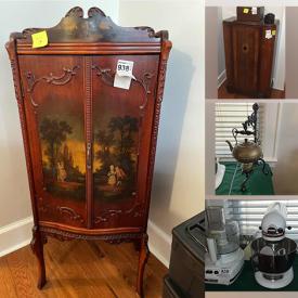 MaxSold Auction: This online auction features a vintage music holder, antique cabinet radio, accent chairs and other furniture, lamps, Kitchenaid mixer, antique cabinet radio, brownie camera, Le Creuset baking dish and other kitchenware, books, harmonica, pet items and more!