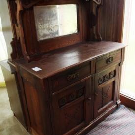 MaxSold Auction: Featuring Mid Century teak furniture, Mission/ Arts & Crafts style cabinet, oak sideboard, pressback chairs, riding lawn mower, cherry picking ladders, hobnail milk glass lamp,  clawfoot table, framed serigraphs prints, and more.