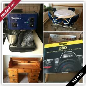 MaxSold Auction: This online auction features Nikon Camera, Minolta Camera, Canon PowerShot Camera, Round Kitchen Table with Four Chairs, Starbucks Barista Coffee Machine, Wooden Roll top Desk, Spoon Collection and much more!