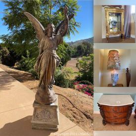 MaxSold Auction: This online auction features Gold Curio cabinet with stone top, Ernest Hemingway collection cigar table, Incolay jewelry boxes, Angel statue, 3 piece brown fabric reclining sectional and much more!