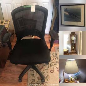 MaxSold Auction: This online auction features Oak Side Table With Lamp, Figurines, Oil Lamps, Electronics, Grandfather Clock, Media Stand, Card Table, Folding Rollaway Bed, Glass, China, Metal and much more.