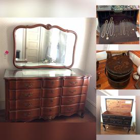 MaxSold Auction: This online auction features furniture such as dressers, nightstands, secretary desk, and four poster bed frame, cedar chest, home decor, bronze ware, books, glassware, lamps, framed wall art, vinyl records and much more!