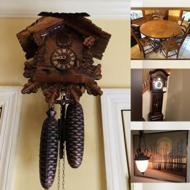 MaxSold Auction: This online auction features Cuckoo Clock, Maple Dressers, MCM Glasses, Grandfather Clock, Pine Table & Chairs, Solid Pine Chest and much more!