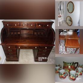 MaxSold Auction: This online auction features a Mahogany ladies\' desk, hutch, Hitchcock chest of drawers, armoire, pool table, Flintridge China, train set, glass chandelier, picture frames, Christmas decor, mirrors, typewriter, Quarters collection, workbench and much more!