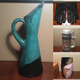 MaxSold Auction: This auction features vases, mugs, glasswares, collectible dolls, figurines, clothes, gloves, hats, costume jewelry, pins and much more!