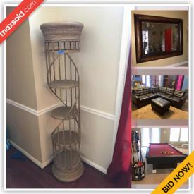 MaxSold Auction: This online auction features Artwork, Magazine Stand, Table, Mirror, Vases, Candle Holders, Planter or stand, Electronics And Speakers, cabinet, Sectional Sofa, Wooden Music Console, Pool Table And Accessories, Heater and much more!