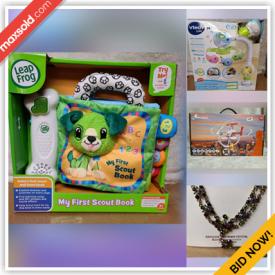 MaxSold Auction: This online auction features New in Box Items such as Toys, Action Figures, Hand Puppets, Fashion Doll, Board Games, Play Shoes, Women's Slippers, Watches, Baby Products, Christmas Decor, Beauty Supplies, Stereo Headphones, Jewelry, Pet Supplies and much more!