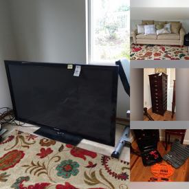 MaxSold Auction: This online auction includes 55” Panasonic TV, furniture such as tufted sofa, easy chairs, dresser with mirror and hall table, dishware, area rugs, exercise bike, home decor, power tools and more!