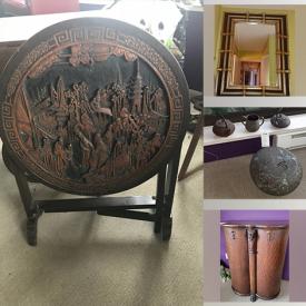 MaxSold Auction: This online auction features Secretary desk, TV Cabinet, tray & cart, Asian decor, elephant statue, bar accessories, Crystals and glass, Bistro table & chairs and much more!