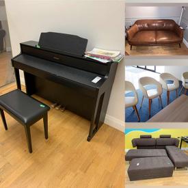 MaxSold Auction: This online auction features furniture such as Ikea Linnmon tables, bookcases, plastic and metal chairs, sofas, upholstered chairs, filing cabinets, Canvas table, armchairs, office chairs, MDF tables and more, Roland piano, faux trees, wall art, microwave, lamps and much more!