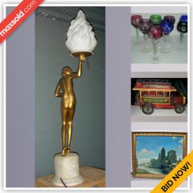 MaxSold Auction: This online auction features Art Deco Table Lamps, Carved Soapstone, Andre Lapine Painting, Stained Glass Table Lamp, Art Glass, Ernst Havlicek Watercolour, Antique Carved Rosewood, Vintage Inuit Doll, Vintage German Beer Stein, Beswick Beatrix Potter Figurines and much more!