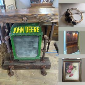 MaxSold Auction: This online auction features Area Rugs, Table Lamps, Live Edged Cedar Bench, John Deere Dry Bar, Store Displays, Antique Chairs, New Sapphire & Diamond Ring, Costume Jewelry, Bicycle Dry Bar, Maple Burl Clock, Nicolas Markovitch Art, Vintage Stained Glass Hanging Lamp, and Much, Much, More!!