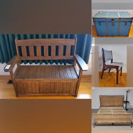 MaxSold Auction: This online auction features a cedar blanket chest, Vintage wooden table, bamboo rattan hamper, leather armchair, oak extendable table, leather bar stools, Vintage lamp, monitor sensor lights, ladder, clothing rack, Vintage Medalta Butter Churn Pottery, Stereo Entertainment Stand, Hamilton Beach Garment Drying Station, Christmas decor and much more!