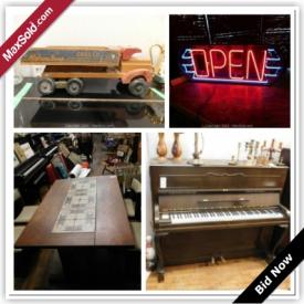 MaxSold Auction: This auction features collectibles, teak furniture (cabinet, chairs, table, stereo console), original art, acrylic oil on canvas, neon open sign, pottery, Weiss Chippendale piano, art glass, vintage wood truck, records, electronics, teapots, accordion, vintage masks, mini train sets, and much more!