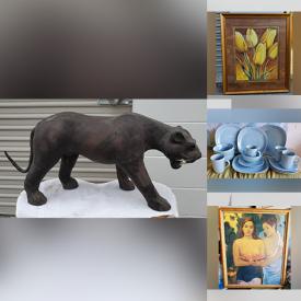 MaxSold Auction: This online auction features an antique leather wrapped panther, crystal, vases, vintage Motorola TV, wall art, Midcentury lucite lamp, Pyrex, silverware, Lenox, Haviland and more china, Ethan Allen table, medieval collectible items, coffee table books, trinkets, kitchen items, art glass, hub caps and more!