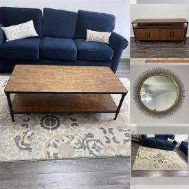 MaxSold Auction: This online auction features a wooden media console, dining table with chairs, woven outdoor chair, daybed, area rugs, appliances such as toaster oven, coffee machine, handheld vacuum and much more!