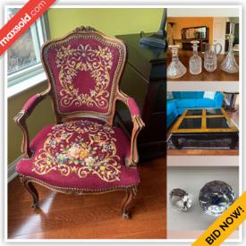 MaxSold Auction: This online auction features king size bed, coffee tables, display cabinet, Royal Albert China set, Chinese figurines, serving dishes, decanter, statues, Vintage wooden buffet, Swarovski Candle Holders and much more!