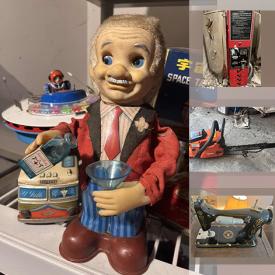 MaxSold Auction: This online auction features metal signs, vintage toys, ceramic kiln, chainsaw, leather coat, bike TV, N-gauge railroad and much more!