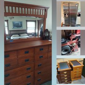 MaxSold Auction: This online uction features bed frames, dressers, lamps, shelves, tools, wall art, cleaning appliances, electronics, TV, cleaning tools, tractor, table, chairs, kitchen appliances, workout machines and equipment, coffee tables, gardening tools and much more!