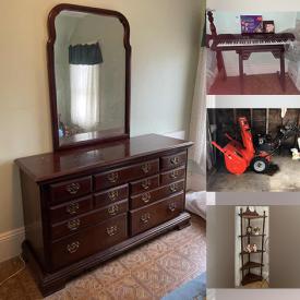 MaxSold Auction: This online auction features furniture such as a side table, teal sofa, loveseat, telephone table, dining table, nightstand and more, Optimus keyboard, lamps, Maytag refrigerator, small kitchen appliances, kitchenware, records, mirror, clocks, decor, Ariens snowblower, yard tools, costume jewelry and much more!