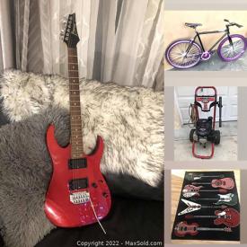 MaxSold Auction: This online auction features Guitars, Bicycles, Airbrush Kit, Drum Set, Pressure Washer, GoPro Compatible Accessories, Pet Products, Massage Table, Fashion Jewelry, Lawnmower, Men’s Jackets, and Much, Much, More!!